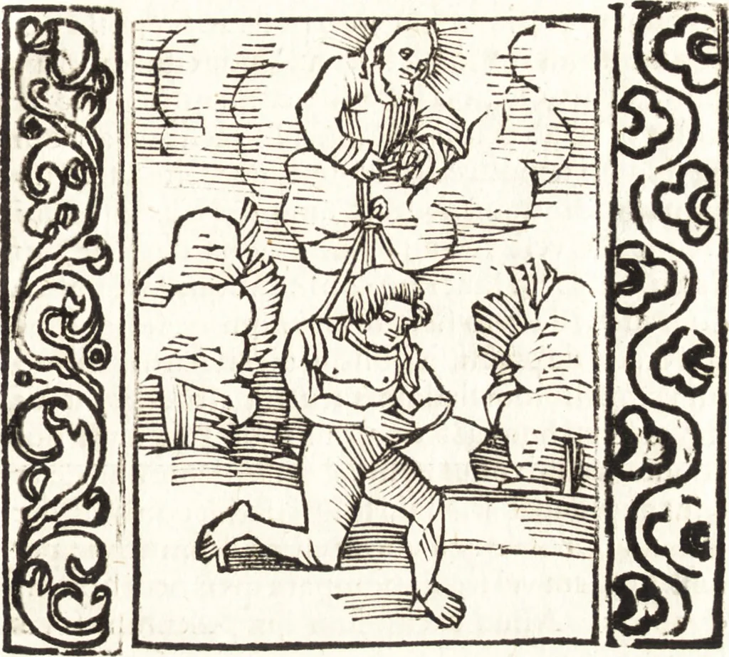 An illustration from Speculum passionis Domini Nostri Ihesu Christi : in quo relucẽt hec omnia singulariter vere & absolute, puta omnis p[er]fectio yerarchie, omniũ fidelium beatitudo, omnes virtutes, dona, fructus, et spiritualiũ bonorũ omnium efficacia, quod in fine prime partis huius speculi manifestissime cõprobat̃, 1507, leaf 32