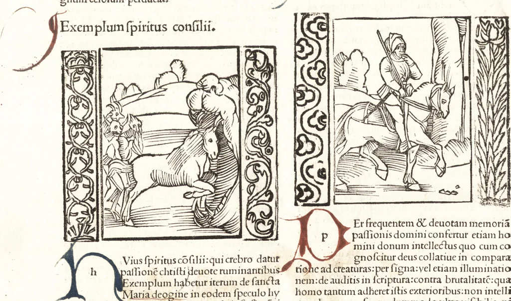 An illustration from Speculum passionis Domini Nostri Ihesu Christi : in quo relucẽt hec omnia singulariter vere & absolute, puta omnis p[er]fectio yerarchie, omniũ fidelium beatitudo, omnes virtutes, dona, fructus, et spiritualiũ bonorũ omnium efficacia, quod in fine prime partis huius speculi manifestissime cõprobat̃, 1507, leaf 33
