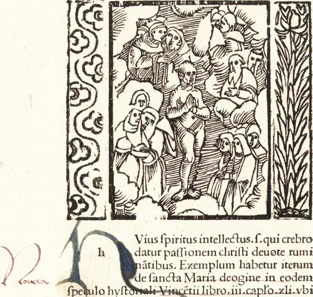 An illustration from Speculum passionis Domini Nostri Ihesu Christi : in quo relucẽt hec omnia singulariter vere & absolute, puta omnis p[er]fectio yerarchie, omniũ fidelium beatitudo, omnes virtutes, dona, fructus, et spiritualiũ bonorũ omnium efficacia, quod in fine prime partis huius speculi manifestissime cõprobat̃, 1507, leaf 35
