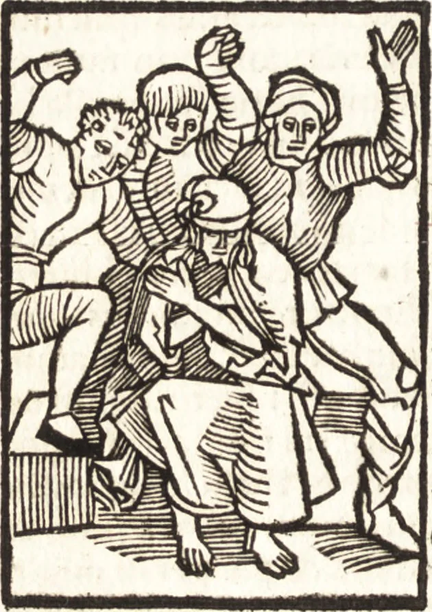 An illustration from Speculum passionis Domini Nostri Ihesu Christi : in quo relucẽt hec omnia singulariter vere & absolute, puta omnis p[er]fectio yerarchie, omniũ fidelium beatitudo, omnes virtutes, dona, fructus, et spiritualiũ bonorũ omnium efficacia, quod in fine prime partis huius speculi manifestissime cõprobat̃, 1507, leaf 73
