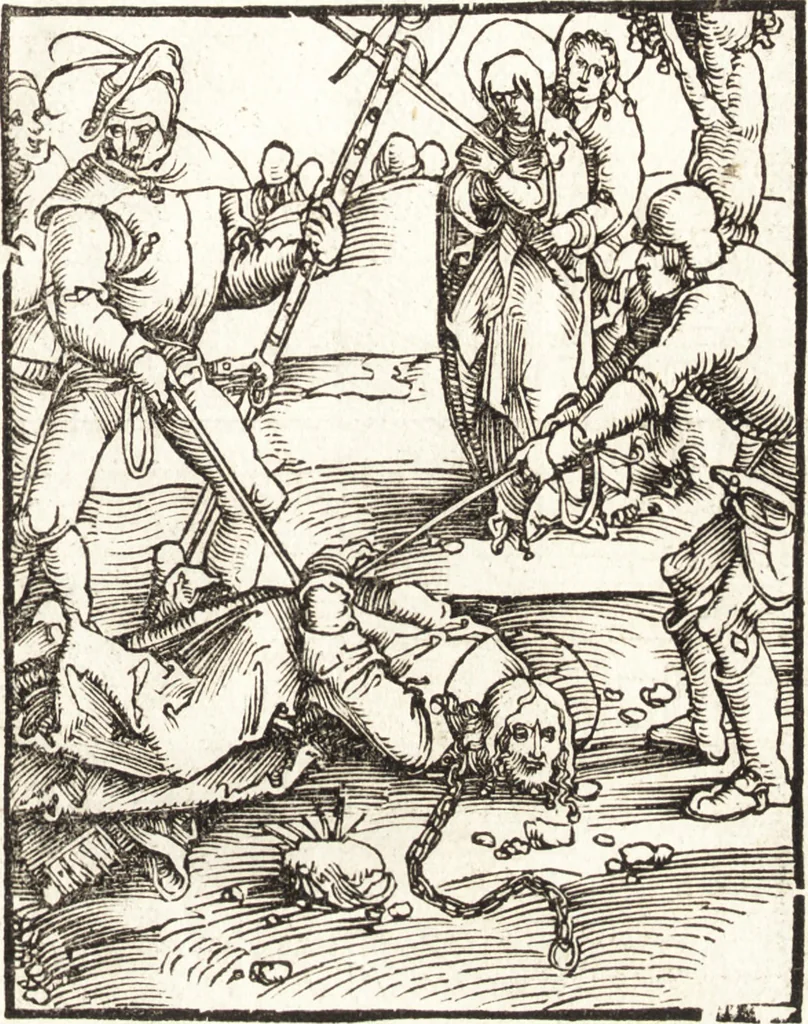 An illustration from Speculum passionis Domini Nostri Ihesu Christi : in quo relucẽt hec omnia singulariter vere & absolute, puta omnis p[er]fectio yerarchie, omniũ fidelium beatitudo, omnes virtutes, dona, fructus, et spiritualiũ bonorũ omnium efficacia, quod in fine prime partis huius speculi manifestissime cõprobat̃, 1507, leaf 84