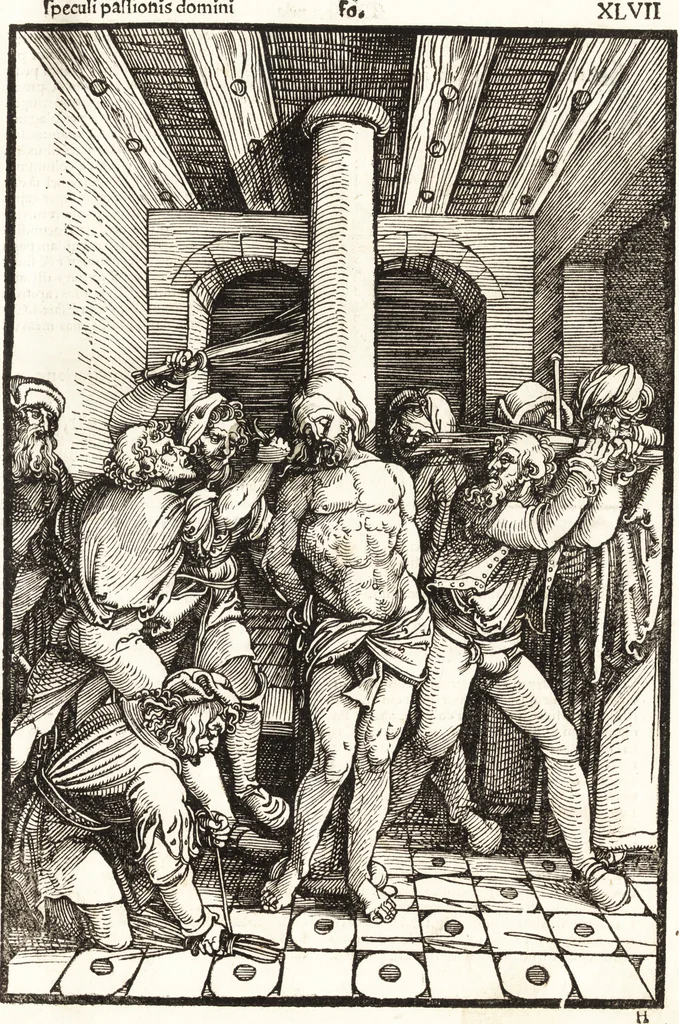 An illustration from Speculum passionis Domini Nostri Ihesu Christi : in quo relucẽt hec omnia singulariter vere & absolute, puta omnis p[er]fectio yerarchie, omniũ fidelium beatitudo, omnes virtutes, dona, fructus, et spiritualiũ bonorũ omnium efficacia, quod in fine prime partis huius speculi manifestissime cõprobat̃, 1507, leaf 90