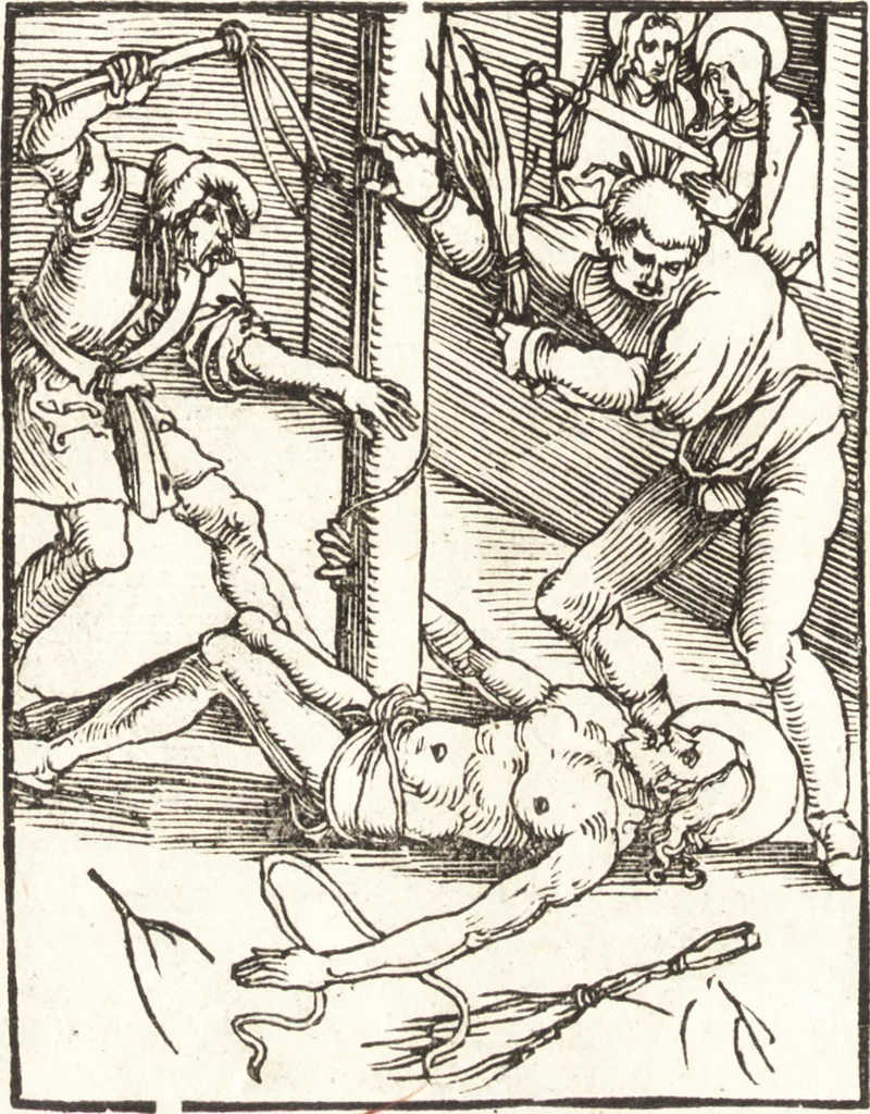 An illustration from Speculum passionis Domini Nostri Ihesu Christi : in quo relucẽt hec omnia singulariter vere & absolute, puta omnis p[er]fectio yerarchie, omniũ fidelium beatitudo, omnes virtutes, dona, fructus, et spiritualiũ bonorũ omnium efficacia, quod in fine prime partis huius speculi manifestissime cõprobat̃, 1507, leaf 91