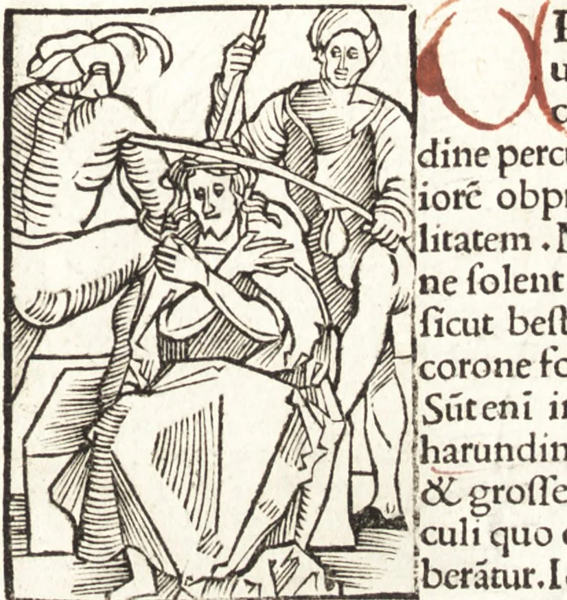 An illustration from Speculum passionis Domini Nostri Ihesu Christi : in quo relucẽt hec omnia singulariter vere & absolute, puta omnis p[er]fectio yerarchie, omniũ fidelium beatitudo, omnes virtutes, dona, fructus, et spiritualiũ bonorũ omnium efficacia, quod in fine prime partis huius speculi manifestissime cõprobat̃, 1507, leaf 96