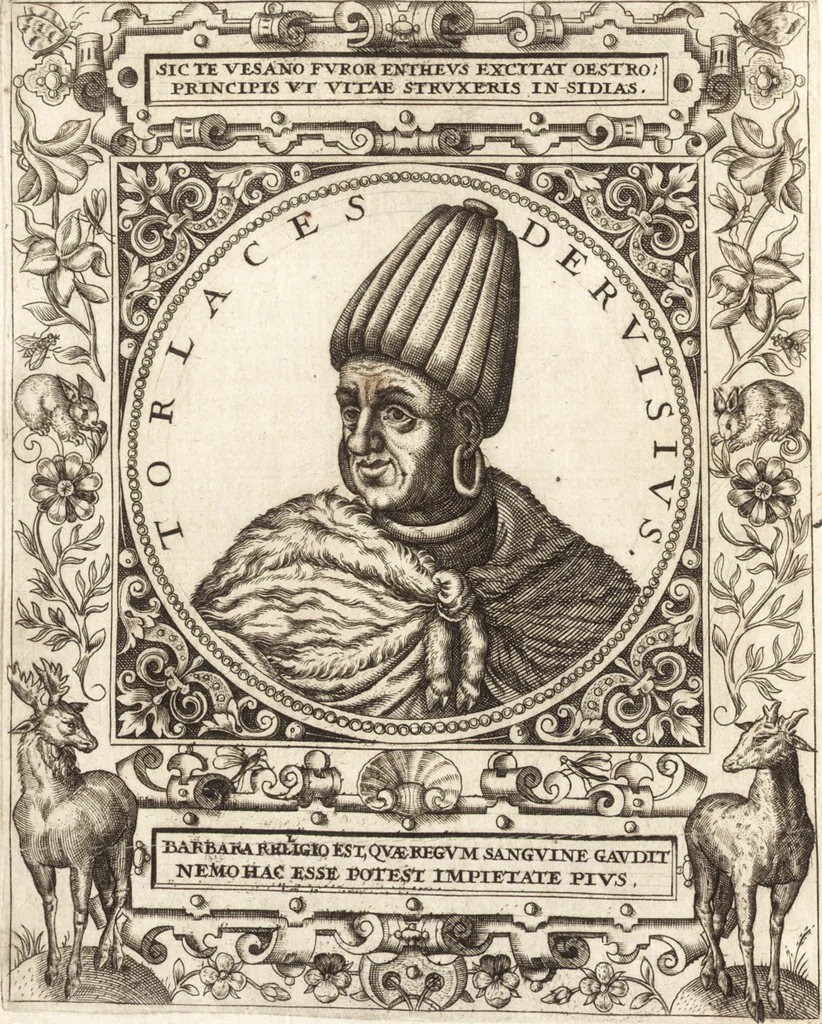 An illustration from Vitae et icones sultanorum Turcicorum, principum Persarum aliorumq[ue] illustrium heroum heroinarumq[ue] ab Osmane usq[ue] ad Mahometem II : ad vivum ex antiquis mettallis effictae, primum ex Co[n]sta[n]tinopoli D. Imp. Ferdina[n]do oblatae nunc descriptae & tetras[t]ichis succinctis illustratae, 1596, leaf 107