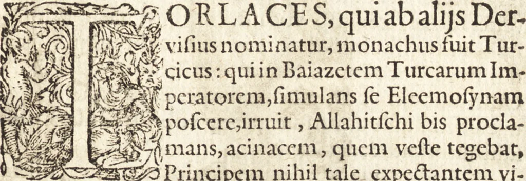 An illustration from Vitae et icones sultanorum Turcicorum, principum Persarum aliorumq[ue] illustrium heroum heroinarumq[ue] ab Osmane usq[ue] ad Mahometem II : ad vivum ex antiquis mettallis effictae, primum ex Co[n]sta[n]tinopoli D. Imp. Ferdina[n]do oblatae nunc descriptae & tetras[t]ichis succinctis illustratae, 1596, leaf 108