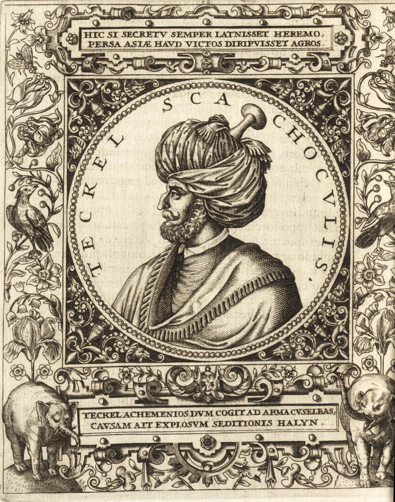 An illustration from Vitae et icones sultanorum Turcicorum, principum Persarum aliorumq[ue] illustrium heroum heroinarumq[ue] ab Osmane usq[ue] ad Mahometem II : ad vivum ex antiquis mettallis effictae, primum ex Co[n]sta[n]tinopoli D. Imp. Ferdina[n]do oblatae nunc descriptae & tetras[t]ichis succinctis illustratae, 1596, leaf 113