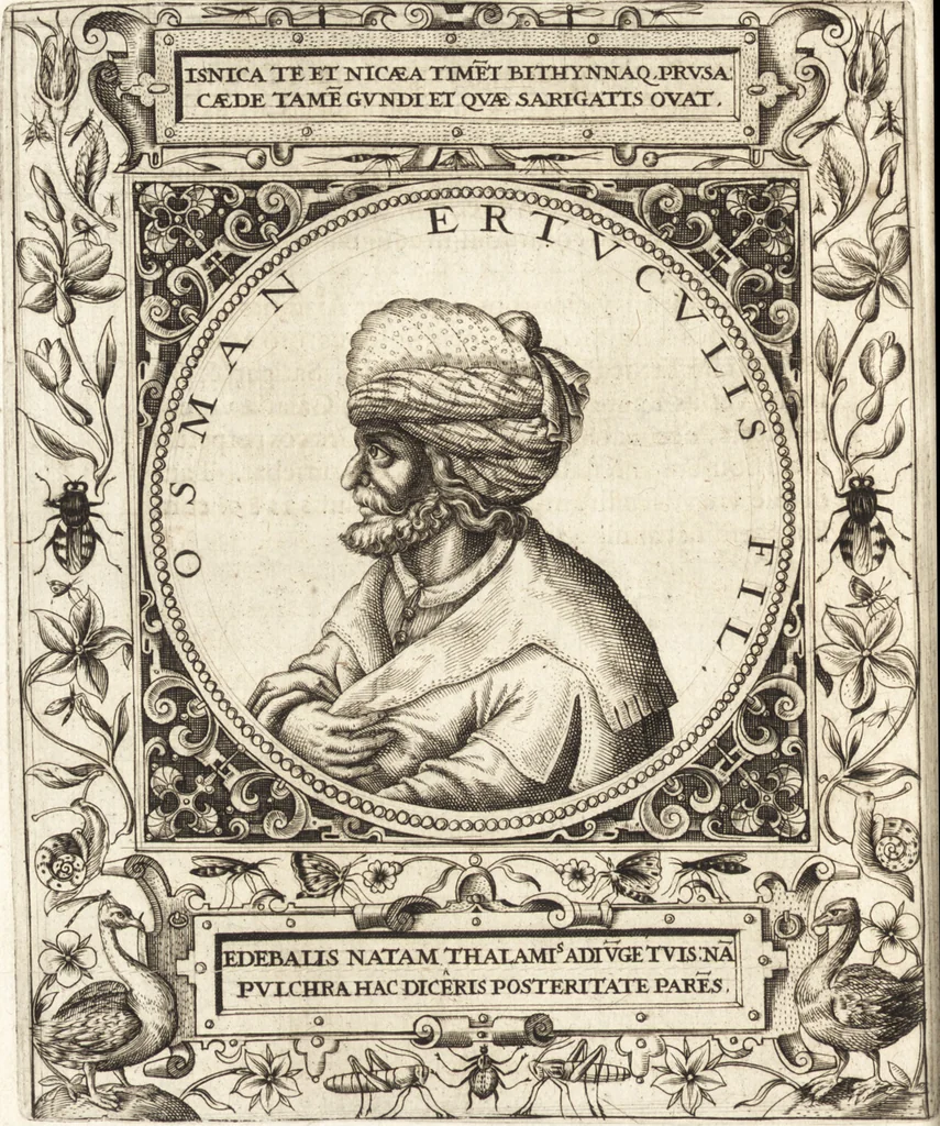 An illustration from Vitae et icones sultanorum Turcicorum, principum Persarum aliorumq[ue] illustrium heroum heroinarumq[ue] ab Osmane usq[ue] ad Mahometem II : ad vivum ex antiquis mettallis effictae, primum ex Co[n]sta[n]tinopoli D. Imp. Ferdina[n]do oblatae nunc descriptae & tetras[t]ichis succinctis illustratae, 1596, leaf 17