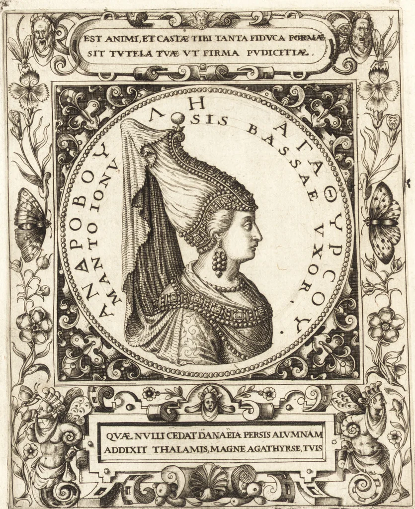 An illustration from Vitae et icones sultanorum Turcicorum, principum Persarum aliorumq[ue] illustrium heroum heroinarumq[ue] ab Osmane usq[ue] ad Mahometem II : ad vivum ex antiquis mettallis effictae, primum ex Co[n]sta[n]tinopoli D. Imp. Ferdina[n]do oblatae nunc descriptae & tetras[t]ichis succinctis illustratae, 1596, leaf 183