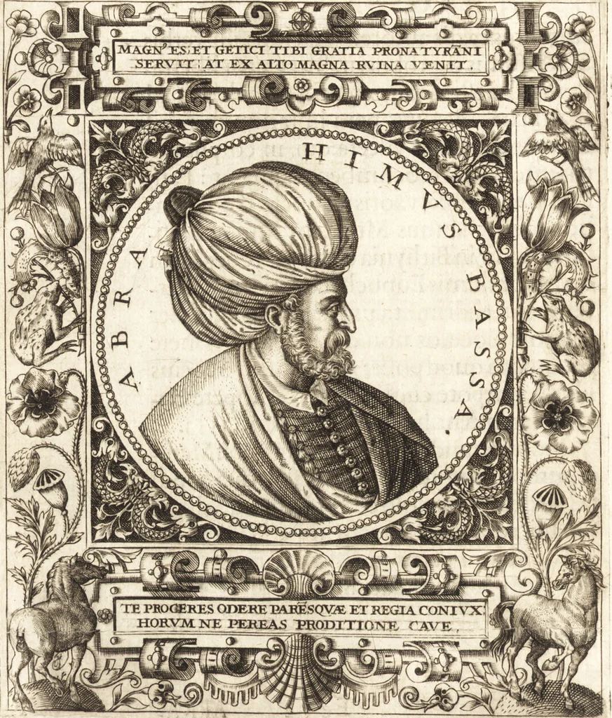 An illustration from Vitae et icones sultanorum Turcicorum, principum Persarum aliorumq[ue] illustrium heroum heroinarumq[ue] ab Osmane usq[ue] ad Mahometem II : ad vivum ex antiquis mettallis effictae, primum ex Co[n]sta[n]tinopoli D. Imp. Ferdina[n]do oblatae nunc descriptae & tetras[t]ichis succinctis illustratae, 1596, leaf 223