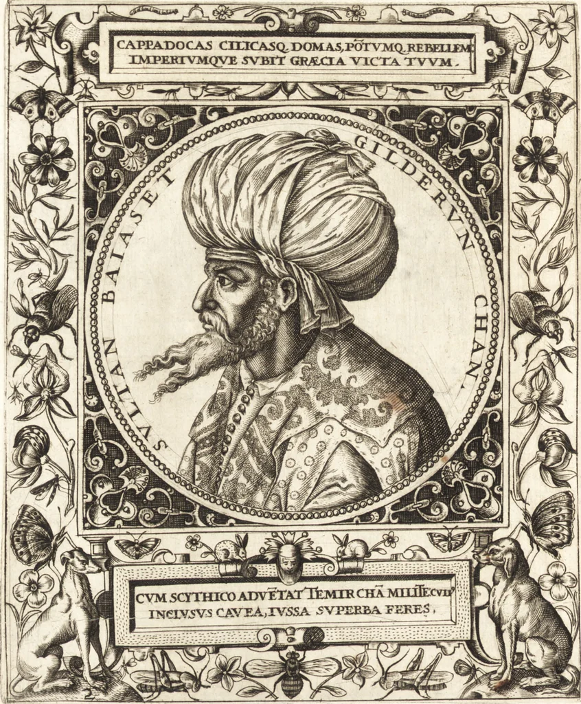 An illustration from Vitae et icones sultanorum Turcicorum, principum Persarum aliorumq[ue] illustrium heroum heroinarumq[ue] ab Osmane usq[ue] ad Mahometem II : ad vivum ex antiquis mettallis effictae, primum ex Co[n]sta[n]tinopoli D. Imp. Ferdina[n]do oblatae nunc descriptae & tetras[t]ichis succinctis illustratae, 1596, leaf 23