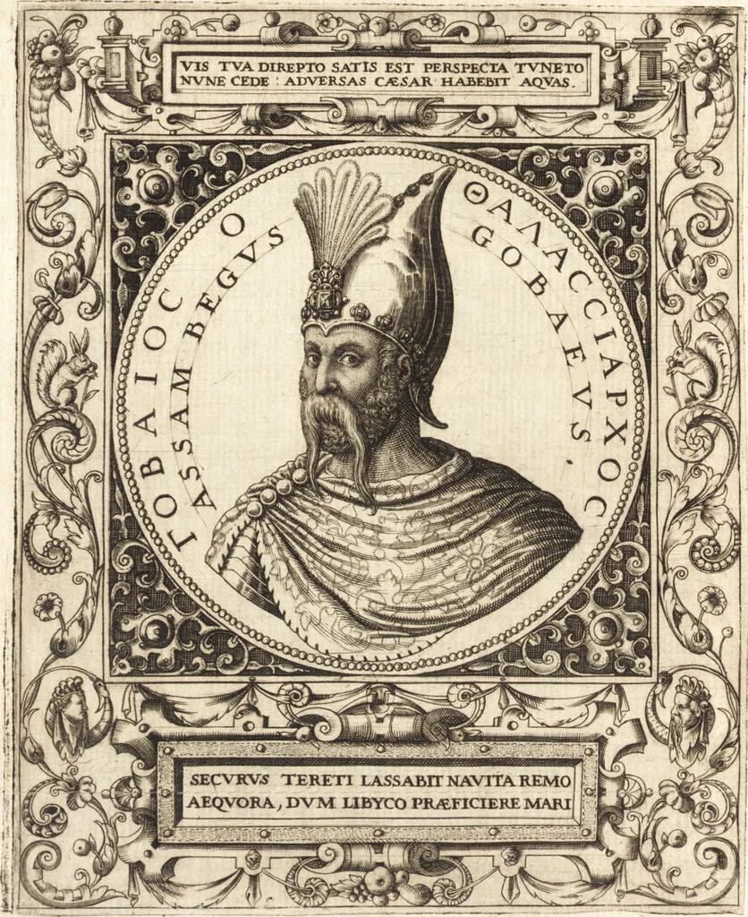 An illustration from Vitae et icones sultanorum Turcicorum, principum Persarum aliorumq[ue] illustrium heroum heroinarumq[ue] ab Osmane usq[ue] ad Mahometem II : ad vivum ex antiquis mettallis effictae, primum ex Co[n]sta[n]tinopoli D. Imp. Ferdina[n]do oblatae nunc descriptae & tetras[t]ichis succinctis illustratae, 1596, leaf 231