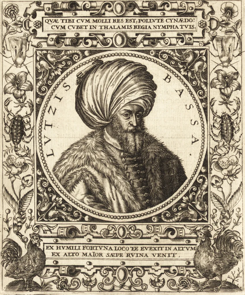 An illustration from Vitae et icones sultanorum Turcicorum, principum Persarum aliorumq[ue] illustrium heroum heroinarumq[ue] ab Osmane usq[ue] ad Mahometem II : ad vivum ex antiquis mettallis effictae, primum ex Co[n]sta[n]tinopoli D. Imp. Ferdina[n]do oblatae nunc descriptae & tetras[t]ichis succinctis illustratae, 1596, leaf 261
