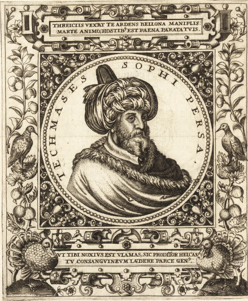 An illustration from Vitae et icones sultanorum Turcicorum, principum Persarum aliorumq[ue] illustrium heroum heroinarumq[ue] ab Osmane usq[ue] ad Mahometem II : ad vivum ex antiquis mettallis effictae, primum ex Co[n]sta[n]tinopoli D. Imp. Ferdina[n]do oblatae nunc descriptae & tetras[t]ichis succinctis illustratae, 1596, leaf 307