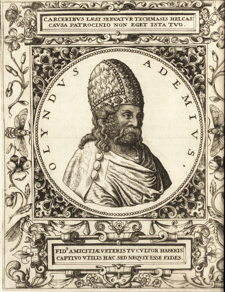 An illustration from Vitae et icones sultanorum Turcicorum, principum Persarum aliorumq[ue] illustrium heroum heroinarumq[ue] ab Osmane usq[ue] ad Mahometem II : ad vivum ex antiquis mettallis effictae, primum ex Co[n]sta[n]tinopoli D. Imp. Ferdina[n]do oblatae nunc descriptae & tetras[t]ichis succinctis illustratae, 1596, leaf 327