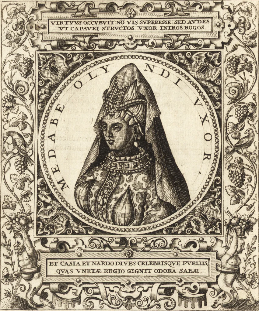 An illustration from Vitae et icones sultanorum Turcicorum, principum Persarum aliorumq[ue] illustrium heroum heroinarumq[ue] ab Osmane usq[ue] ad Mahometem II : ad vivum ex antiquis mettallis effictae, primum ex Co[n]sta[n]tinopoli D. Imp. Ferdina[n]do oblatae nunc descriptae & tetras[t]ichis succinctis illustratae, 1596, leaf 331