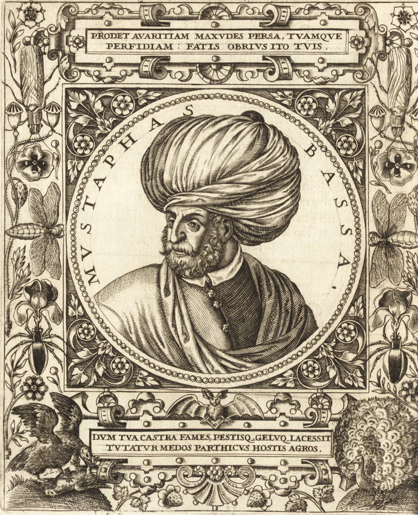 An illustration from Vitae et icones sultanorum Turcicorum, principum Persarum aliorumq[ue] illustrium heroum heroinarumq[ue] ab Osmane usq[ue] ad Mahometem II : ad vivum ex antiquis mettallis effictae, primum ex Co[n]sta[n]tinopoli D. Imp. Ferdina[n]do oblatae nunc descriptae & tetras[t]ichis succinctis illustratae, 1596, leaf 343
