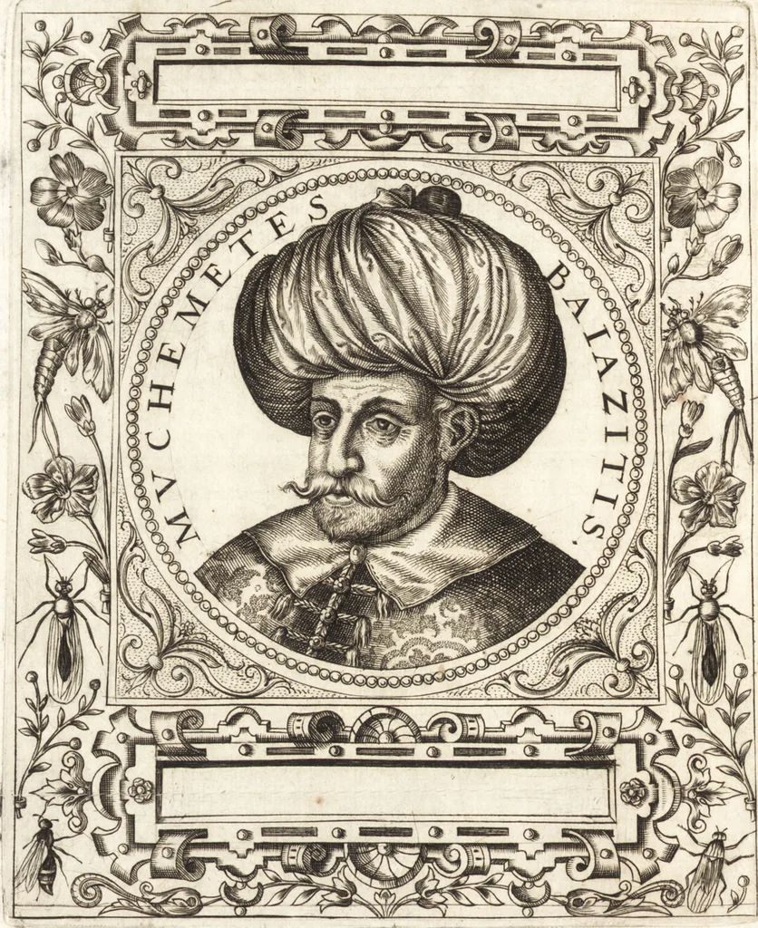 An illustration from Vitae et icones sultanorum Turcicorum, principum Persarum aliorumq[ue] illustrium heroum heroinarumq[ue] ab Osmane usq[ue] ad Mahometem II : ad vivum ex antiquis mettallis effictae, primum ex Co[n]sta[n]tinopoli D. Imp. Ferdina[n]do oblatae nunc descriptae & tetras[t]ichis succinctis illustratae, 1596, leaf 37