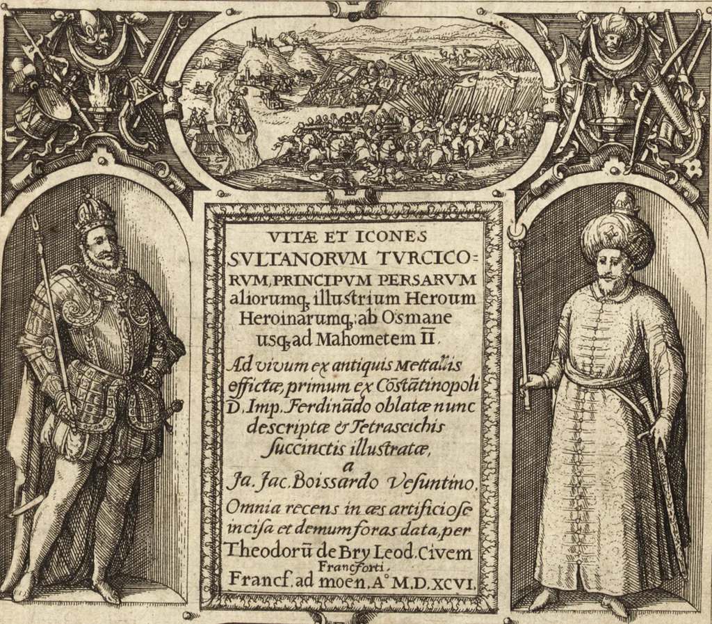 An illustration from Vitae et icones sultanorum Turcicorum, principum Persarum aliorumq[ue] illustrium heroum heroinarumq[ue] ab Osmane usq[ue] ad Mahometem II : ad vivum ex antiquis mettallis effictae, primum ex Co[n]sta[n]tinopoli D. Imp. Ferdina[n]do oblatae nunc descriptae & tetras[t]ichis succinctis illustratae, 1596, leaf 4