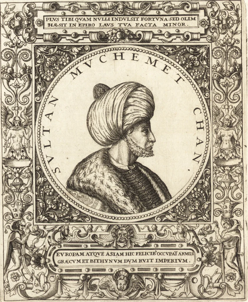 An illustration from Vitae et icones sultanorum Turcicorum, principum Persarum aliorumq[ue] illustrium heroum heroinarumq[ue] ab Osmane usq[ue] ad Mahometem II : ad vivum ex antiquis mettallis effictae, primum ex Co[n]sta[n]tinopoli D. Imp. Ferdina[n]do oblatae nunc descriptae & tetras[t]ichis succinctis illustratae, 1596, leaf 53