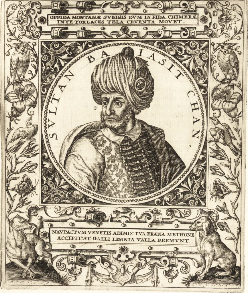 An illustration from Vitae et icones sultanorum Turcicorum, principum Persarum aliorumq[ue] illustrium heroum heroinarumq[ue] ab Osmane usq[ue] ad Mahometem II : ad vivum ex antiquis mettallis effictae, primum ex Co[n]sta[n]tinopoli D. Imp. Ferdina[n]do oblatae nunc descriptae & tetras[t]ichis succinctis illustratae, 1596, leaf 61