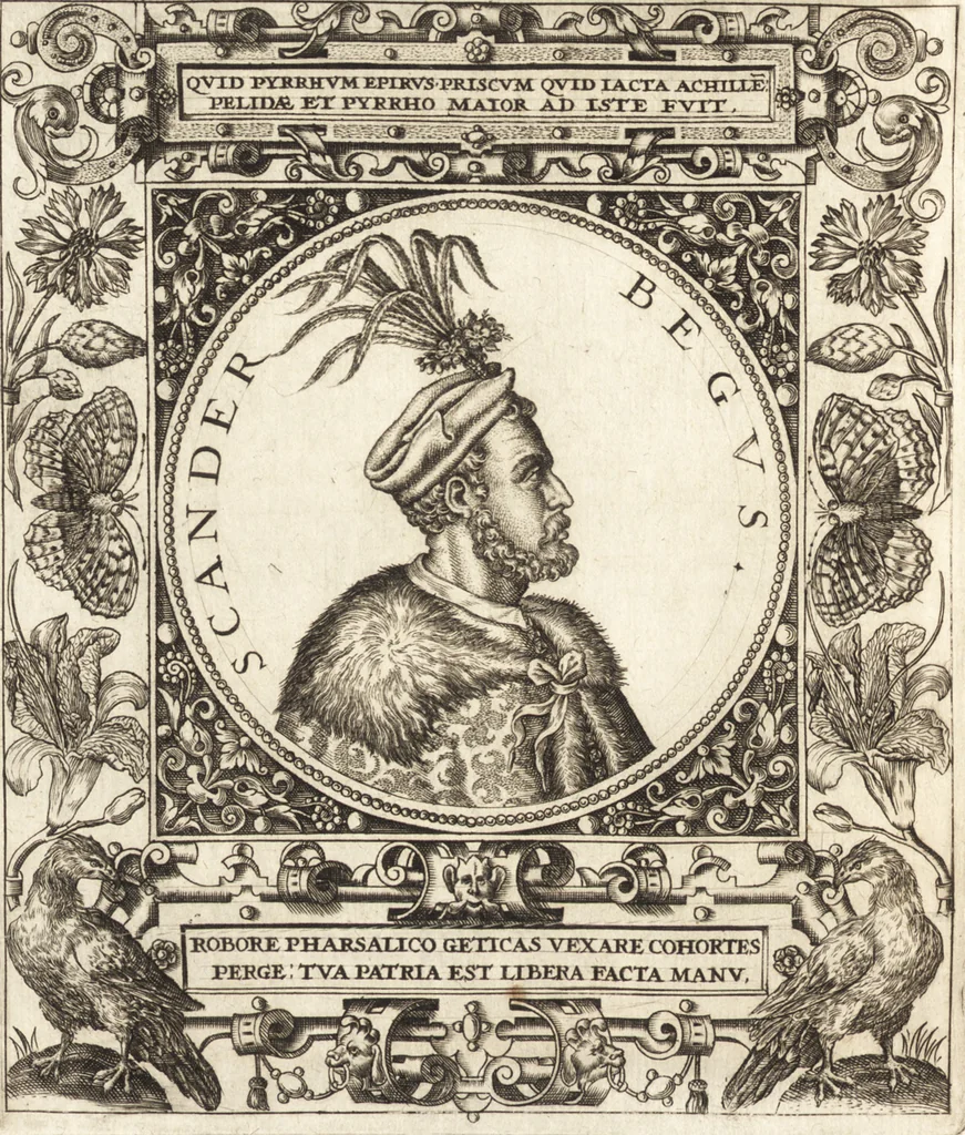 An illustration from Vitae et icones sultanorum Turcicorum, principum Persarum aliorumq[ue] illustrium heroum heroinarumq[ue] ab Osmane usq[ue] ad Mahometem II : ad vivum ex antiquis mettallis effictae, primum ex Co[n]sta[n]tinopoli D. Imp. Ferdina[n]do oblatae nunc descriptae & tetras[t]ichis succinctis illustratae, 1596, leaf 77