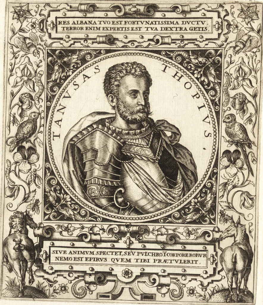 An illustration from Vitae et icones sultanorum Turcicorum, principum Persarum aliorumq[ue] illustrium heroum heroinarumq[ue] ab Osmane usq[ue] ad Mahometem II : ad vivum ex antiquis mettallis effictae, primum ex Co[n]sta[n]tinopoli D. Imp. Ferdina[n]do oblatae nunc descriptae & tetras[t]ichis succinctis illustratae, 1596, leaf 97