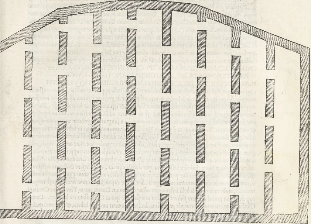 An illustration from Vrbis Romae topographia : nvper ab ipso avctore nonnvllis erroribvs svblatis emandata, addita etiam interpretatione nominum quæ unica litera uel syllaba in antiquis titulis scripta inueniuntur : cvi etiam ab eodem adiectae svnt qvam breuissimæ obseruationes de prænomine, nomine, & cognomine de quibus etsi multi multa scripsere nemo tamen hactenus rei ueritatem attigisse videtur, 1544, leaf 110