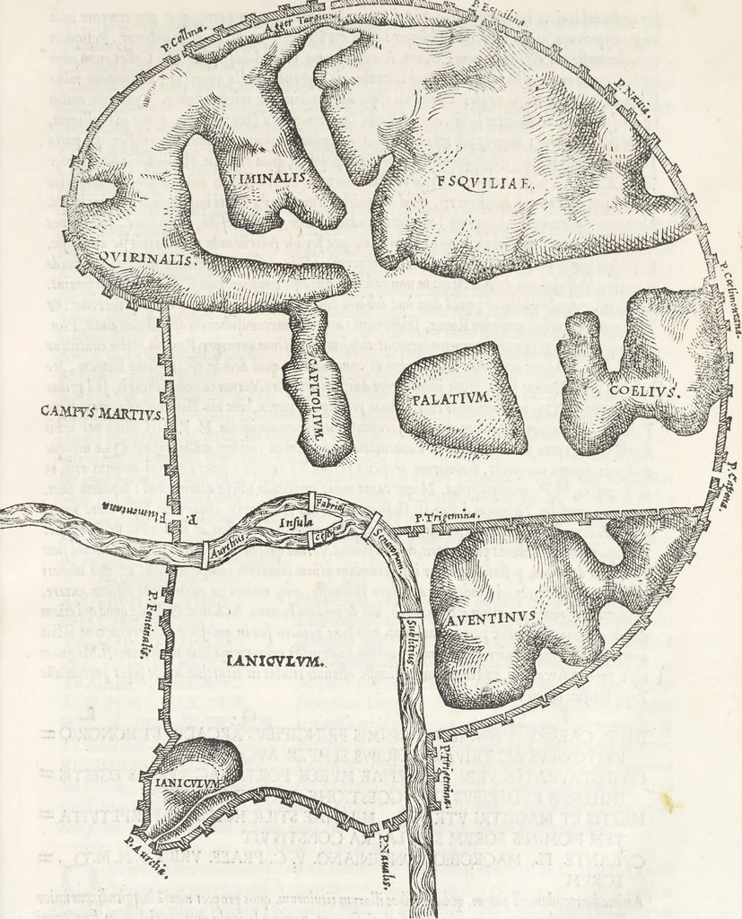 An illustration from Vrbis Romae topographia : nvper ab ipso avctore nonnvllis erroribvs svblatis emandata, addita etiam interpretatione nominum quæ unica litera uel syllaba in antiquis titulis scripta inueniuntur : cvi etiam ab eodem adiectae svnt qvam breuissimæ obseruationes de prænomine, nomine, & cognomine de quibus etsi multi multa scripsere nemo tamen hactenus rei ueritatem attigisse videtur, 1544, leaf 36