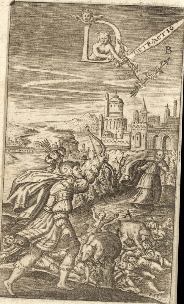 An illustration from ZungenSchleiffer, oder, Brinnende Weltkugel von bösen Zungen angezündet : solche zulöschen gibt aussführlichen Underricht von allen Zungen Lastern, 1631, leaf 451