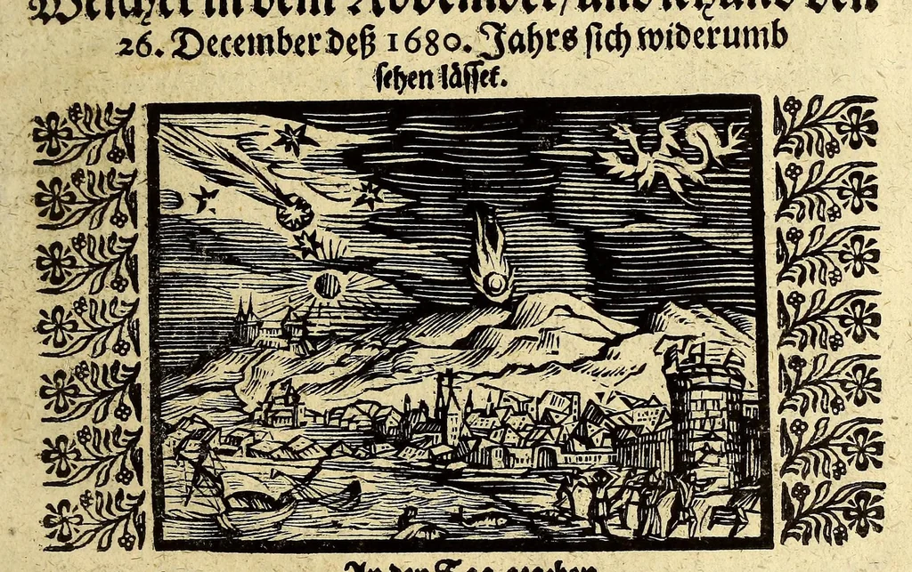 An illustration from Gründlicher und warhaffter Bericht von dem Ursprung der Kometen, derselben Natur, Gestalt, Zeit, Farb, Grösse, und Lauff, : nebenst andern darzugehörigen Umbständen, was für Würckungen muthmasslich ihnen zuzuschreiben, dess gleichen auch, ob man vorhero wissen könne, wann ein Komet entstehen werde; aus Anlass dess gegenwärtigen schröcklichen Komet-Sterns, welcher in dem November, und ietzund den 26. December dess 1680. Jahrs sich widerumb sehen lässet., 1681, leaf 5