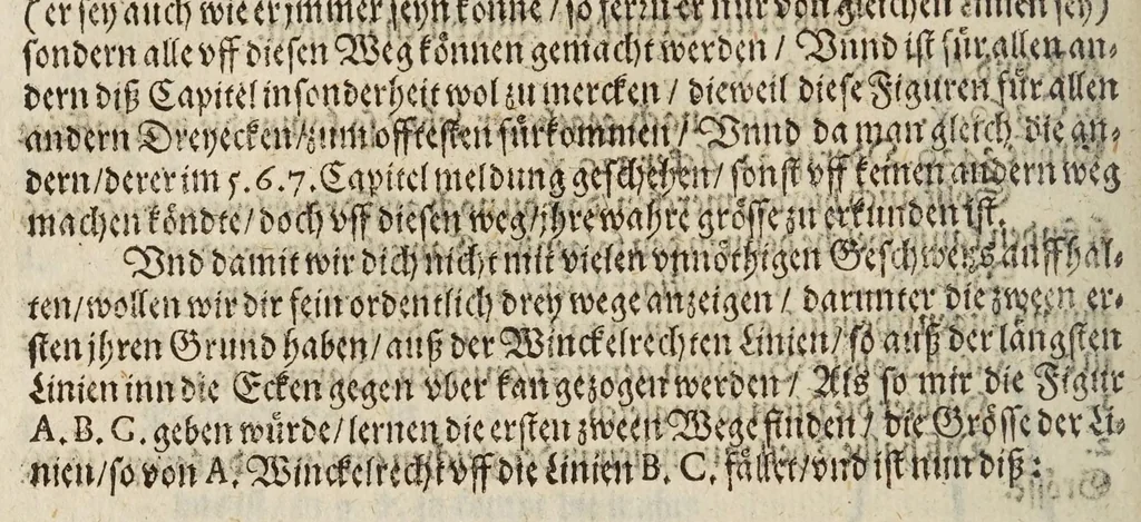 An illustration from Gründtlicher Bericht vom Feldmessen, wie man allerley Felder, Wiesen, Wälde, vnd andere Ort, durch wahren geometrischen Grund abmessen vnd Erkundigen solle : darinnen sonderlich die grosse Irrthumben, so bisshero in dieser Kunst vorgangen, eröffnet vnd verbessert werden : dessgleichen von dem Marscheiden, Bergwercken, Wasserwagen, vnd andern herrlichen Erfindungen nutzlicher Bericht., 1615, leaf 104
