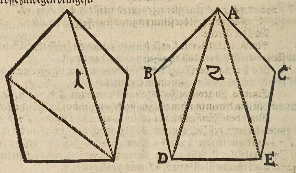An illustration from Gründtlicher Bericht vom Feldmessen, wie man allerley Felder, Wiesen, Wälde, vnd andere Ort, durch wahren geometrischen Grund abmessen vnd Erkundigen solle : darinnen sonderlich die grosse Irrthumben, so bisshero in dieser Kunst vorgangen, eröffnet vnd verbessert werden : dessgleichen von dem Marscheiden, Bergwercken, Wasserwagen, vnd andern herrlichen Erfindungen nutzlicher Bericht., 1615, leaf 122