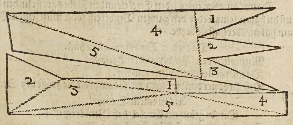 An illustration from Gründtlicher Bericht vom Feldmessen, wie man allerley Felder, Wiesen, Wälde, vnd andere Ort, durch wahren geometrischen Grund abmessen vnd Erkundigen solle : darinnen sonderlich die grosse Irrthumben, so bisshero in dieser Kunst vorgangen, eröffnet vnd verbessert werden : dessgleichen von dem Marscheiden, Bergwercken, Wasserwagen, vnd andern herrlichen Erfindungen nutzlicher Bericht., 1615, leaf 127