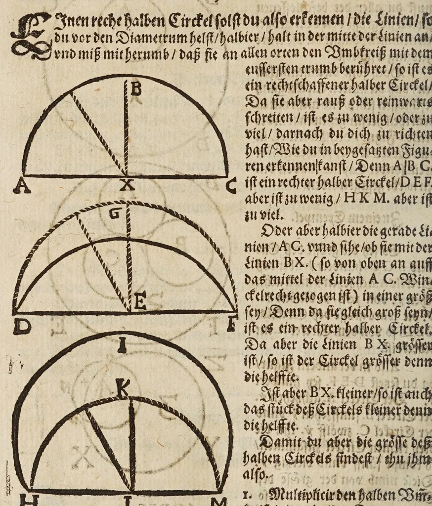 An illustration from Gründtlicher Bericht vom Feldmessen, wie man allerley Felder, Wiesen, Wälde, vnd andere Ort, durch wahren geometrischen Grund abmessen vnd Erkundigen solle : darinnen sonderlich die grosse Irrthumben, so bisshero in dieser Kunst vorgangen, eröffnet vnd verbessert werden : dessgleichen von dem Marscheiden, Bergwercken, Wasserwagen, vnd andern herrlichen Erfindungen nutzlicher Bericht., 1615, leaf 132