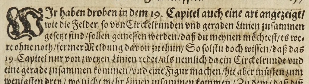 An illustration from Gründtlicher Bericht vom Feldmessen, wie man allerley Felder, Wiesen, Wälde, vnd andere Ort, durch wahren geometrischen Grund abmessen vnd Erkundigen solle : darinnen sonderlich die grosse Irrthumben, so bisshero in dieser Kunst vorgangen, eröffnet vnd verbessert werden : dessgleichen von dem Marscheiden, Bergwercken, Wasserwagen, vnd andern herrlichen Erfindungen nutzlicher Bericht., 1615, leaf 159