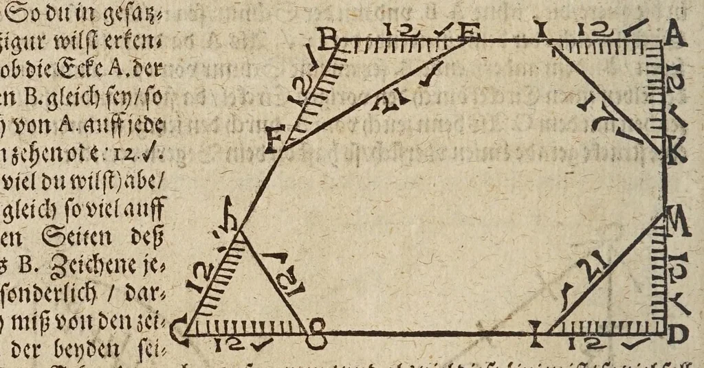 An illustration from Gründtlicher Bericht vom Feldmessen, wie man allerley Felder, Wiesen, Wälde, vnd andere Ort, durch wahren geometrischen Grund abmessen vnd Erkundigen solle : darinnen sonderlich die grosse Irrthumben, so bisshero in dieser Kunst vorgangen, eröffnet vnd verbessert werden : dessgleichen von dem Marscheiden, Bergwercken, Wasserwagen, vnd andern herrlichen Erfindungen nutzlicher Bericht., 1615, leaf 24