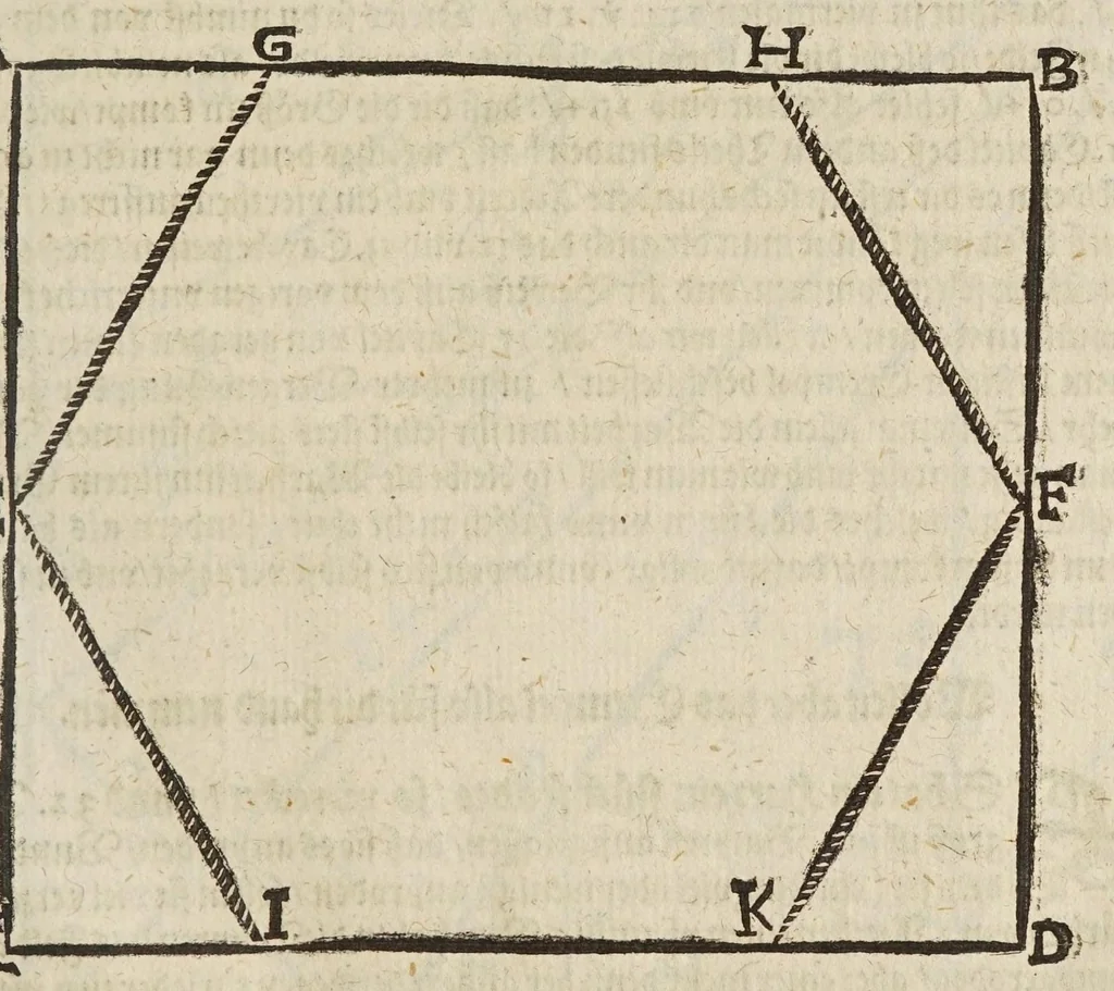 An illustration from Gründtlicher Bericht vom Feldmessen, wie man allerley Felder, Wiesen, Wälde, vnd andere Ort, durch wahren geometrischen Grund abmessen vnd Erkundigen solle : darinnen sonderlich die grosse Irrthumben, so bisshero in dieser Kunst vorgangen, eröffnet vnd verbessert werden : dessgleichen von dem Marscheiden, Bergwercken, Wasserwagen, vnd andern herrlichen Erfindungen nutzlicher Bericht., 1615, leaf 243