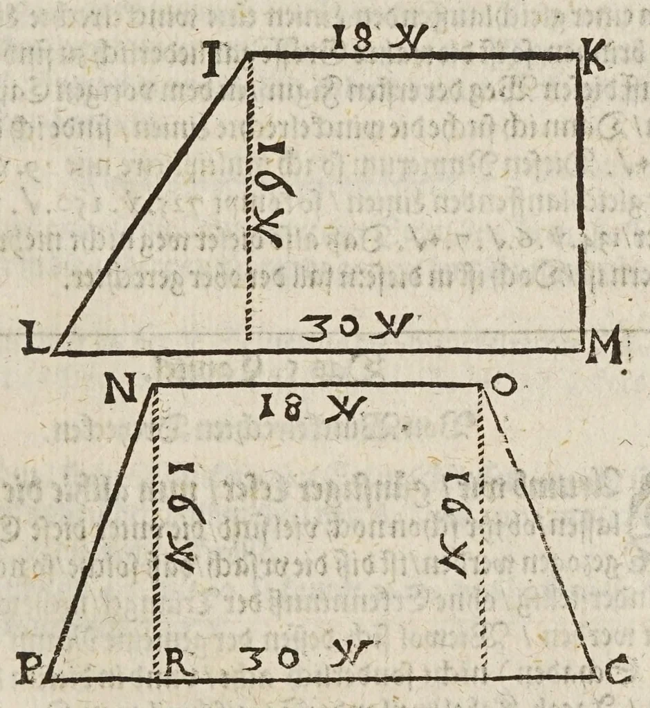 An illustration from Gründtlicher Bericht vom Feldmessen, wie man allerley Felder, Wiesen, Wälde, vnd andere Ort, durch wahren geometrischen Grund abmessen vnd Erkundigen solle : darinnen sonderlich die grosse Irrthumben, so bisshero in dieser Kunst vorgangen, eröffnet vnd verbessert werden : dessgleichen von dem Marscheiden, Bergwercken, Wasserwagen, vnd andern herrlichen Erfindungen nutzlicher Bericht., 1615, leaf 93