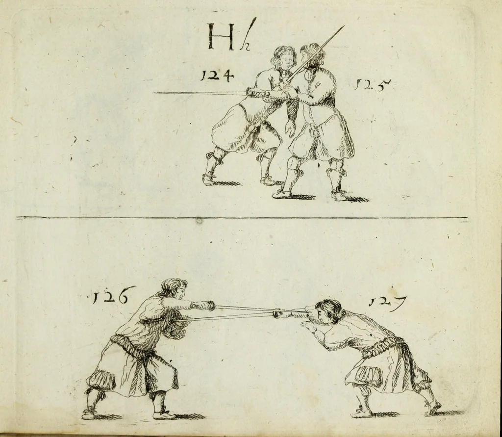 An illustration from Grondige beschryvinge van de edele ende ridderlijcke scherm- ofte wapen-konste : noyt diergelijcke in dese nederduytse tale in den druck uytgegaen, met veele schoone kopere figueren verciert, 1676, leaf 243