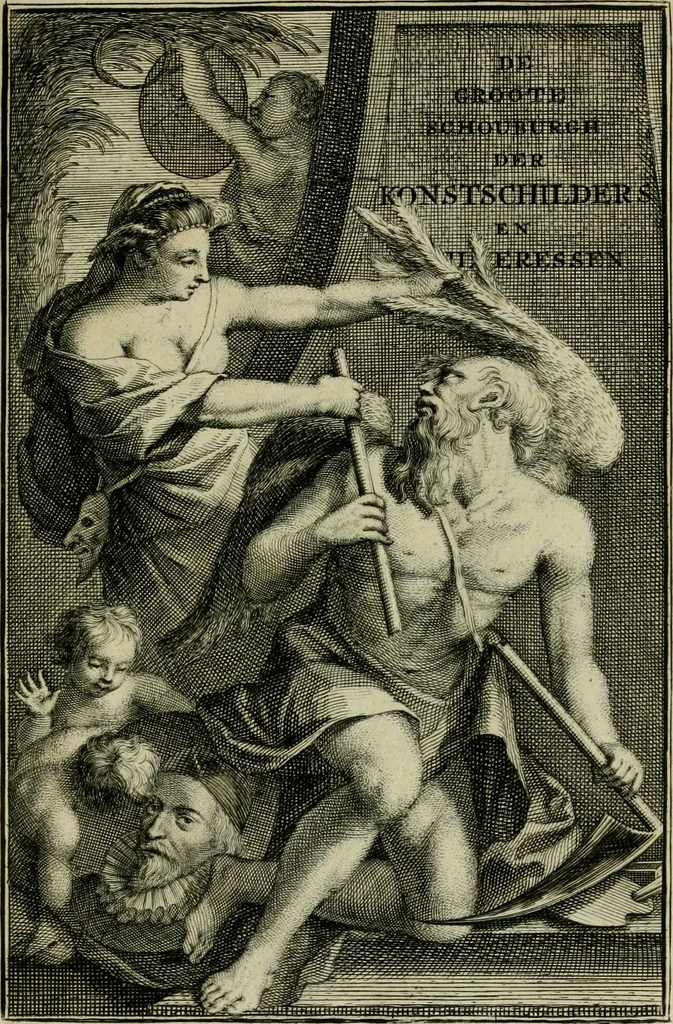 An illustration from De groote schouburgh der Nederlantsche konstschilders en schilderessen : waar van 'er veele met hunne beeltenissen ten tooneel verschynen, en hun levensgedrag en konstwerken beschreven worden: zynde een vervolg op het Schilderboek van K. v. Mander ..., 1753, leaf 8
