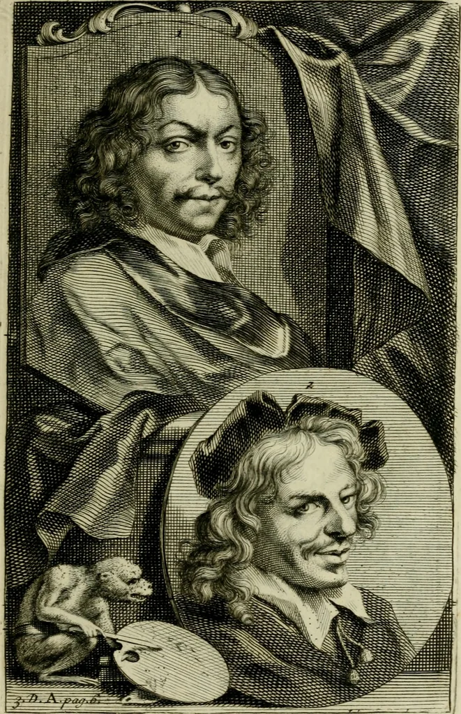 An illustration from De groote schouburgh der Nederlantsche konstschilders en schilderessen : waar van 'er veele met hunne beeltenissen ten tooneel verschynen, en hun levensgedrag en konstwerken beschreven worden: zynde een vervolg op het Schilderboek van K. v. Mander ..., 1753, leaf 14