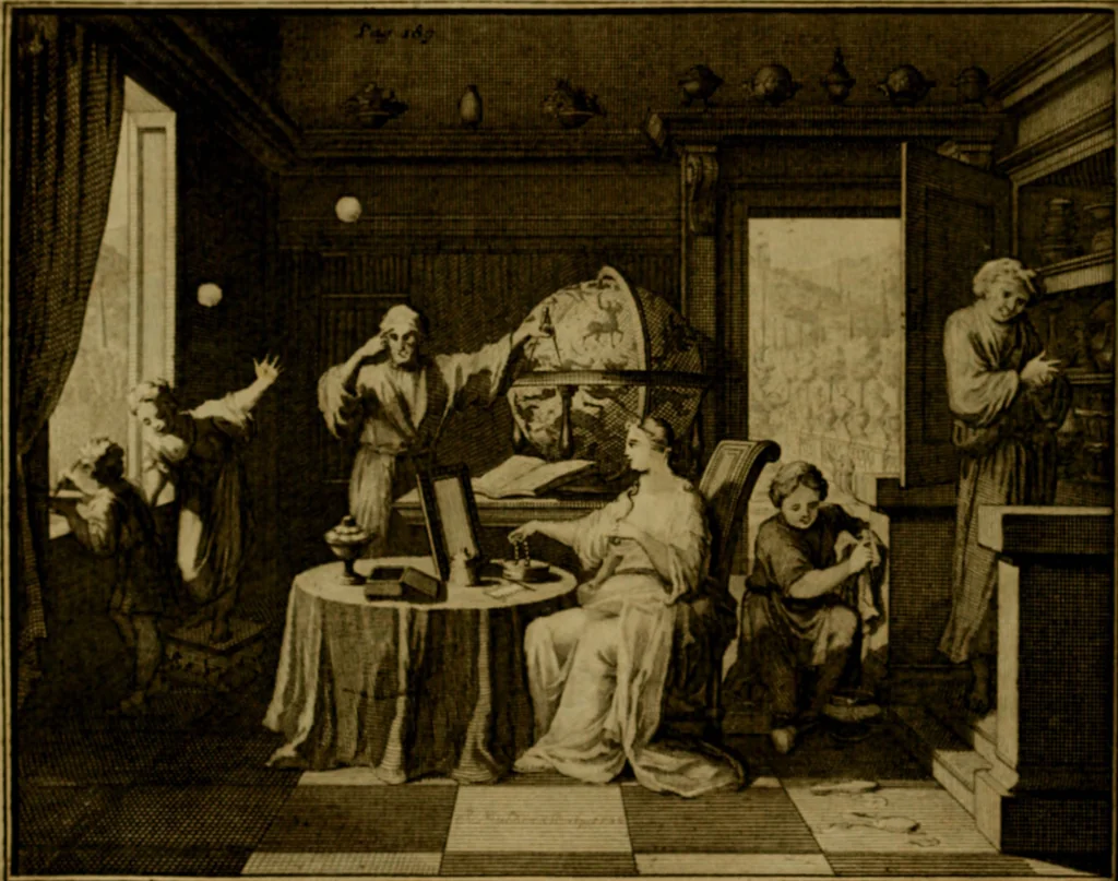 An illustration from Groot schilderboek : waar in de schilderkonst in al haar deelen grondig werd onderweezen, ook door redeneeringen en printverbeeldingen verklaard : met voorbeelden uyt de beste konst-stukken der oude en nieuwe puyk-schilderen bevestigd : en derzelver wel- en misstand aangeweezen, 1712, leaf 215