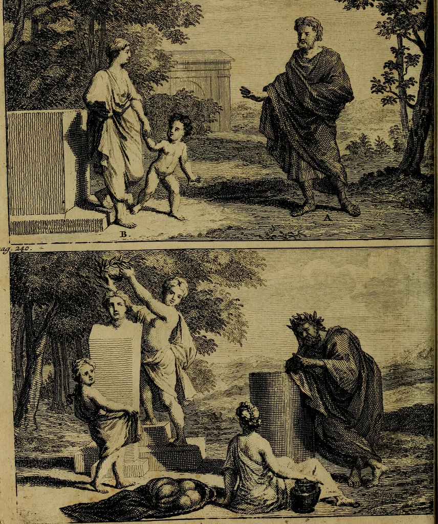 An illustration from Groot schilderboek : waar in de schilderkonst in al haar deelen grondig werd onderweezen, ook door redeneeringen en printverbeeldingen verklaard : met voorbeelden uyt de beste konst-stukken der oude en nieuwe puyk-schilderen bevestigd : en derzelver wel- en misstand aangeweezen, 1712, leaf 299