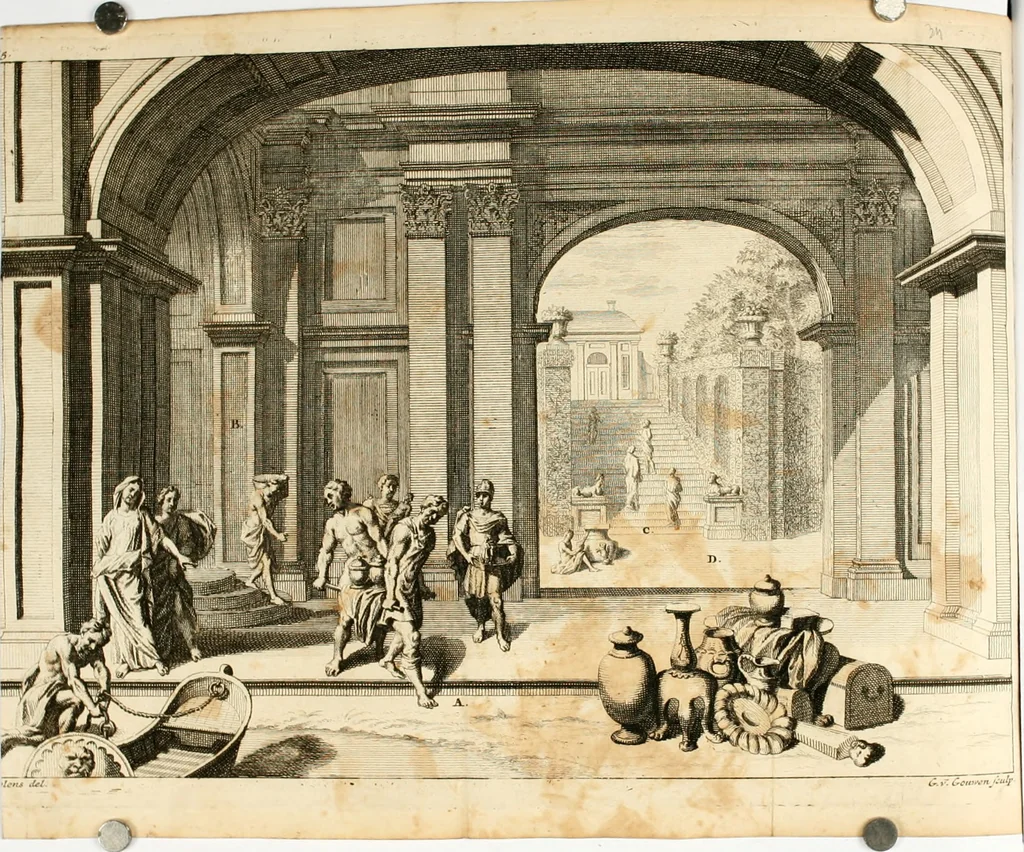 An illustration from Groot schilderboek : waar in de schilderkonst in al haar deelen grondig werd onderweezen, ook door redeneeringen en printverbeeldingen verklaard : met voorbeelden uyt de beste konst-stukken der oude en nieuwe puyk-schilderen bevestigd : en derzelver wel- en misstand aangeweezen, 1712, leaf 368