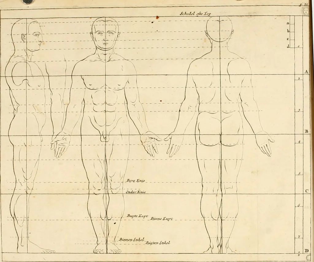 An illustration from Groot schilderboek : waar in de schilderkonst in al haar deelen grondig werd onderweezen, ook door redeneeringen en printverbeeldingen verklaard : met voorbeelden uyt de beste konst-stukken der oude en nieuwe puyk-schilderen bevestigd : en derzelver wel- en misstand aangeweezen, 1712, leaf 38