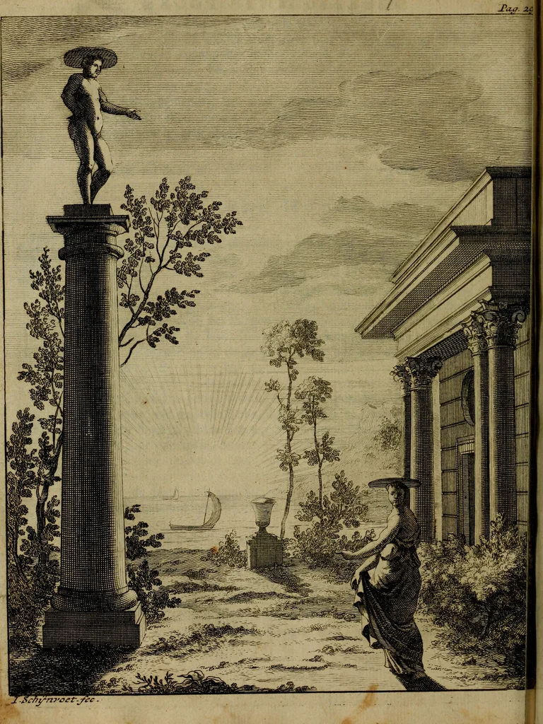 An illustration from Groot schilderboek : waar in de schilderkonst in al haar deelen grondig werd onderweezen, ook door redeneeringen en printverbeeldingen verklaard : met voorbeelden uyt de beste konst-stukken der oude en nieuwe puyk-schilderen bevestigd : en derzelver wel- en misstand aangeweezen, 1712, leaf 387