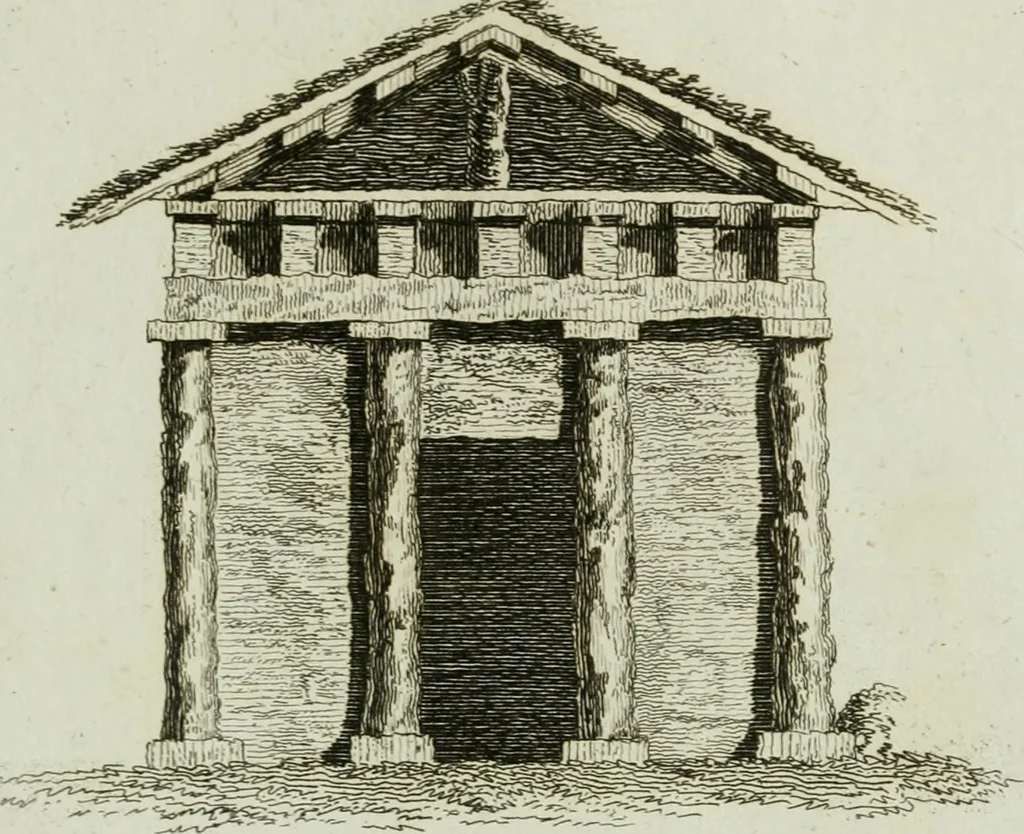 An illustration from Grotesque architecture, or, Rural amusement : consisting of plans, elevations, and sections, for huts, retreats, summer and winter hermitages, terminaries, Chinese, Gothic, and natural grottos, cascades, baths, mosques, Moresque pavilions, grotesque and rustic seats, green-houses, &c. : many of which may be executed with flints, irregular stones, rude branches, and roots of trees : the whole containing twenty-eight new designs, with scales to each : to which is added, an explanation, with the method of executing them, 1790, leaf 24