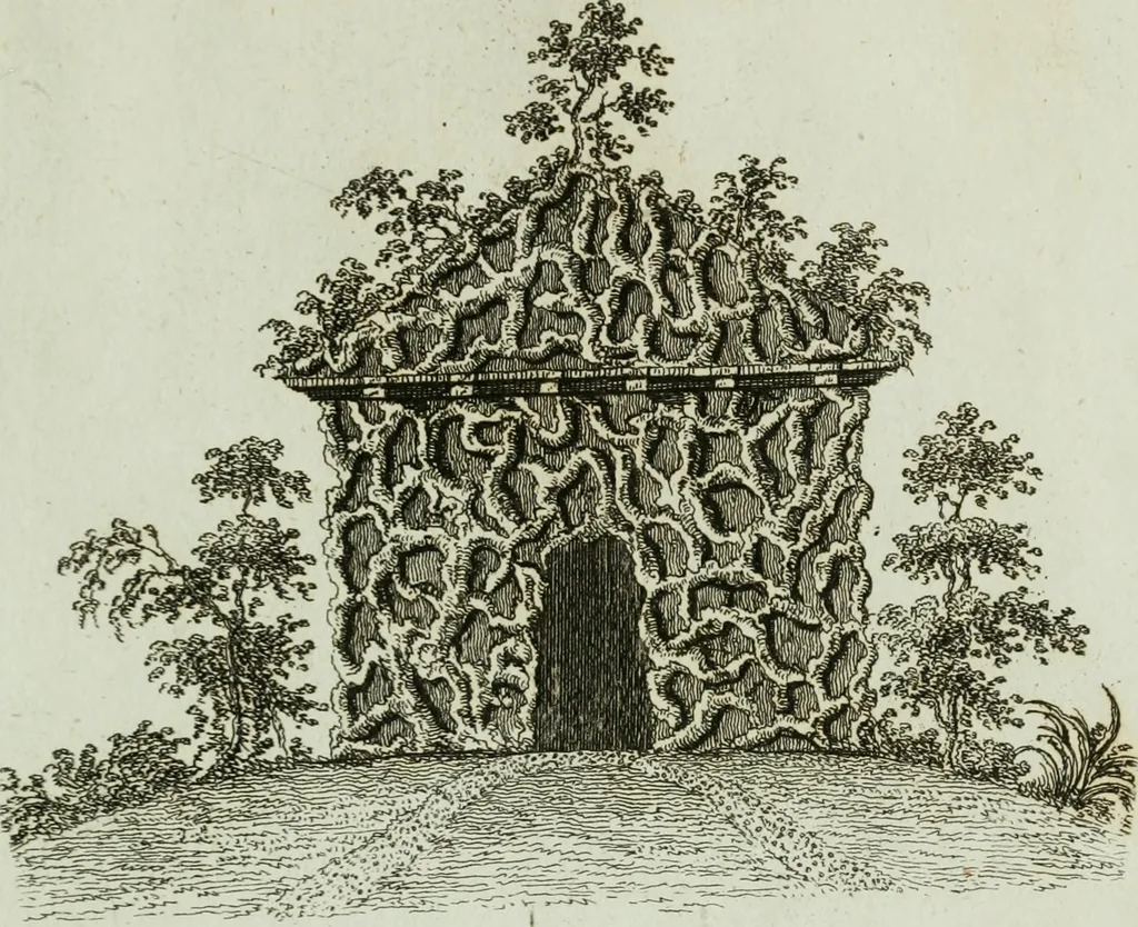 An illustration from Grotesque architecture, or, Rural amusement : consisting of plans, elevations, and sections, for huts, retreats, summer and winter hermitages, terminaries, Chinese, Gothic, and natural grottos, cascades, baths, mosques, Moresque pavilions, grotesque and rustic seats, green-houses, &c. : many of which may be executed with flints, irregular stones, rude branches, and roots of trees : the whole containing twenty-eight new designs, with scales to each : to which is added, an explanation, with the method of executing them, 1790, leaf 26