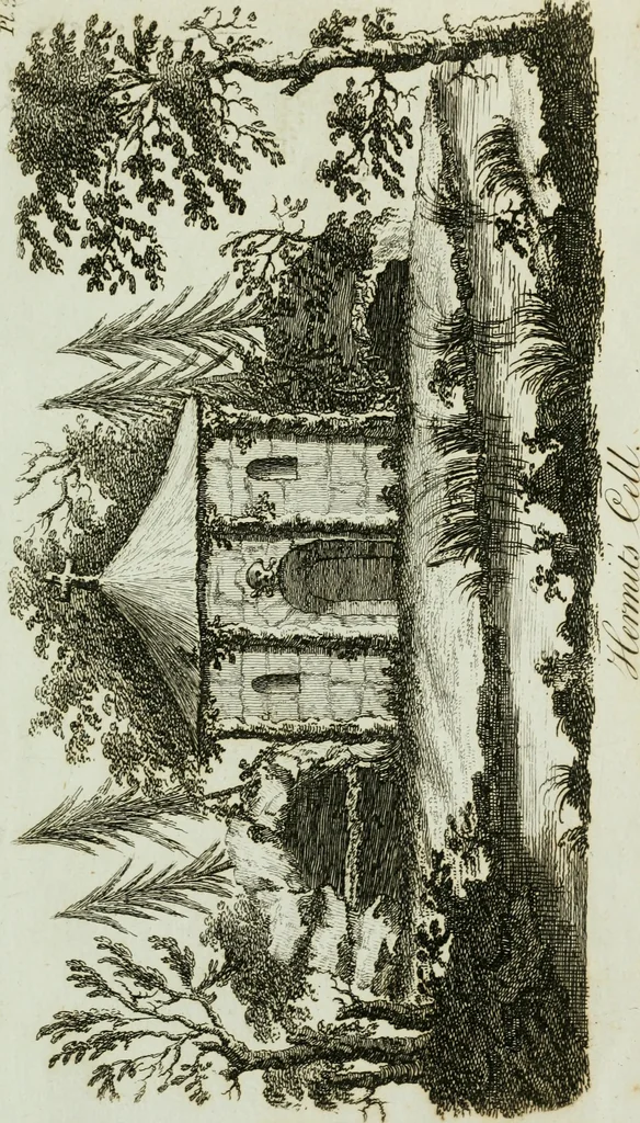 An illustration from Grotesque architecture, or, Rural amusement : consisting of plans, elevations, and sections, for huts, retreats, summer and winter hermitages, terminaries, Chinese, Gothic, and natural grottos, cascades, baths, mosques, Moresque pavilions, grotesque and rustic seats, green-houses, &c. : many of which may be executed with flints, irregular stones, rude branches, and roots of trees : the whole containing twenty-eight new designs, with scales to each : to which is added, an explanation, with the method of executing them, 1790, leaf 28